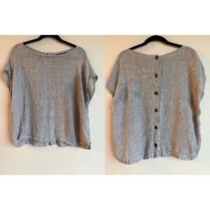 Tahari 100% Linen Top Size Medium Gray Lagenlook Button Back Short Sleeve Blouse